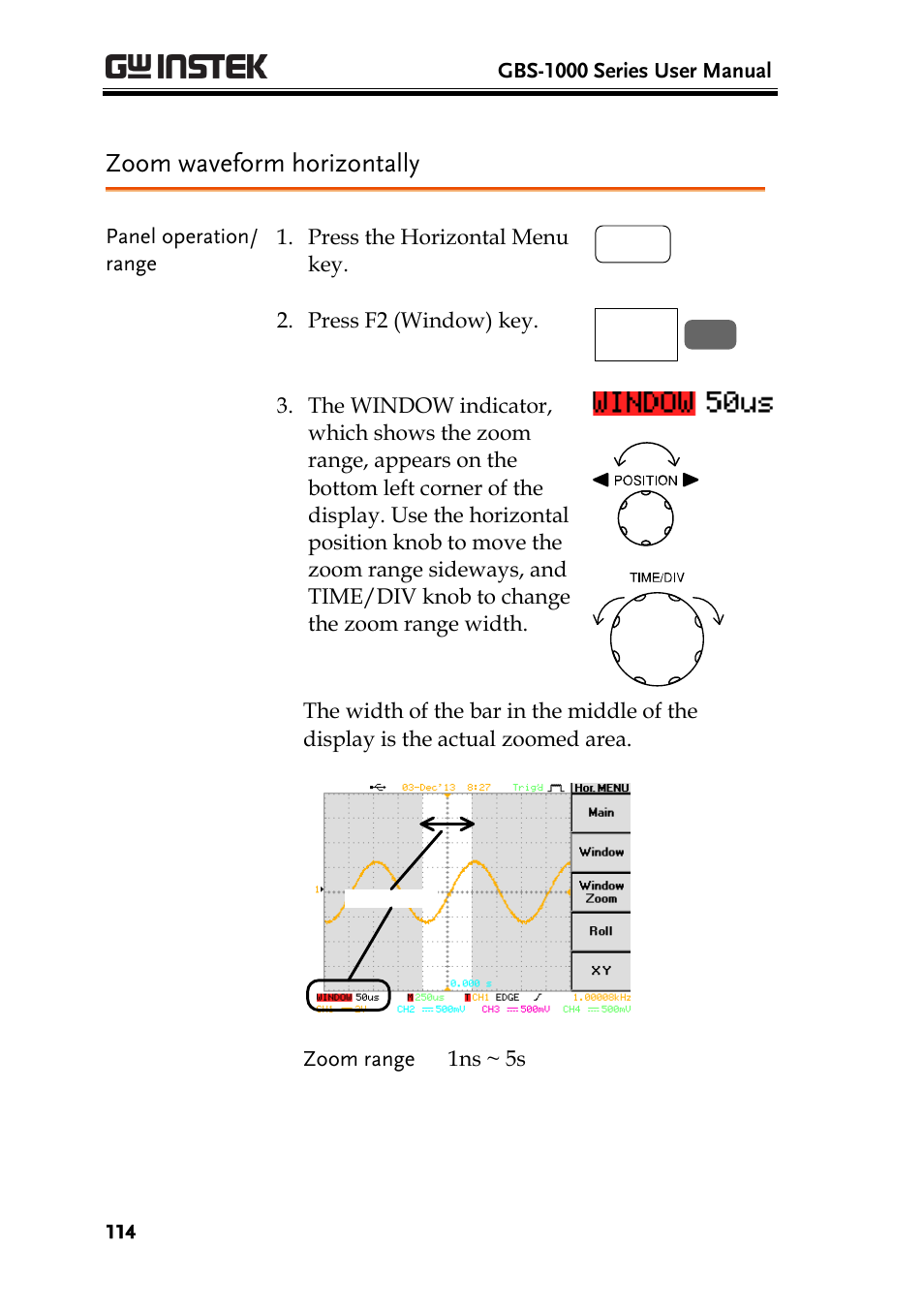 Zoom waveform horizontally | GW Instek GBS-1000 Series User Manual User Manual | Page 114 / 187