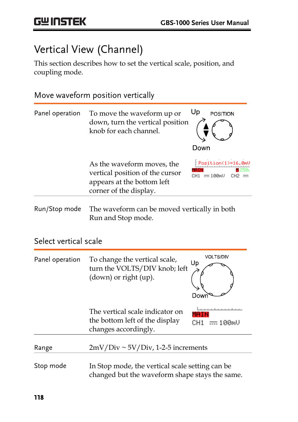Vertical view (channel), Move waveform position vertically, Select vertical scale | Ge118), E118) | GW Instek GBS-1000 Series User Manual User Manual | Page 118 / 187