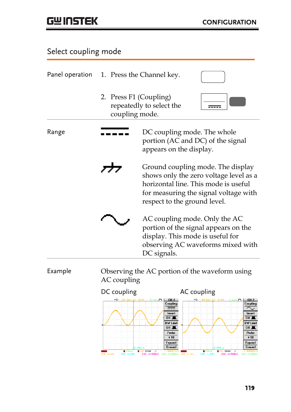 Select coupling mode | GW Instek GBS-1000 Series User Manual User Manual | Page 119 / 187