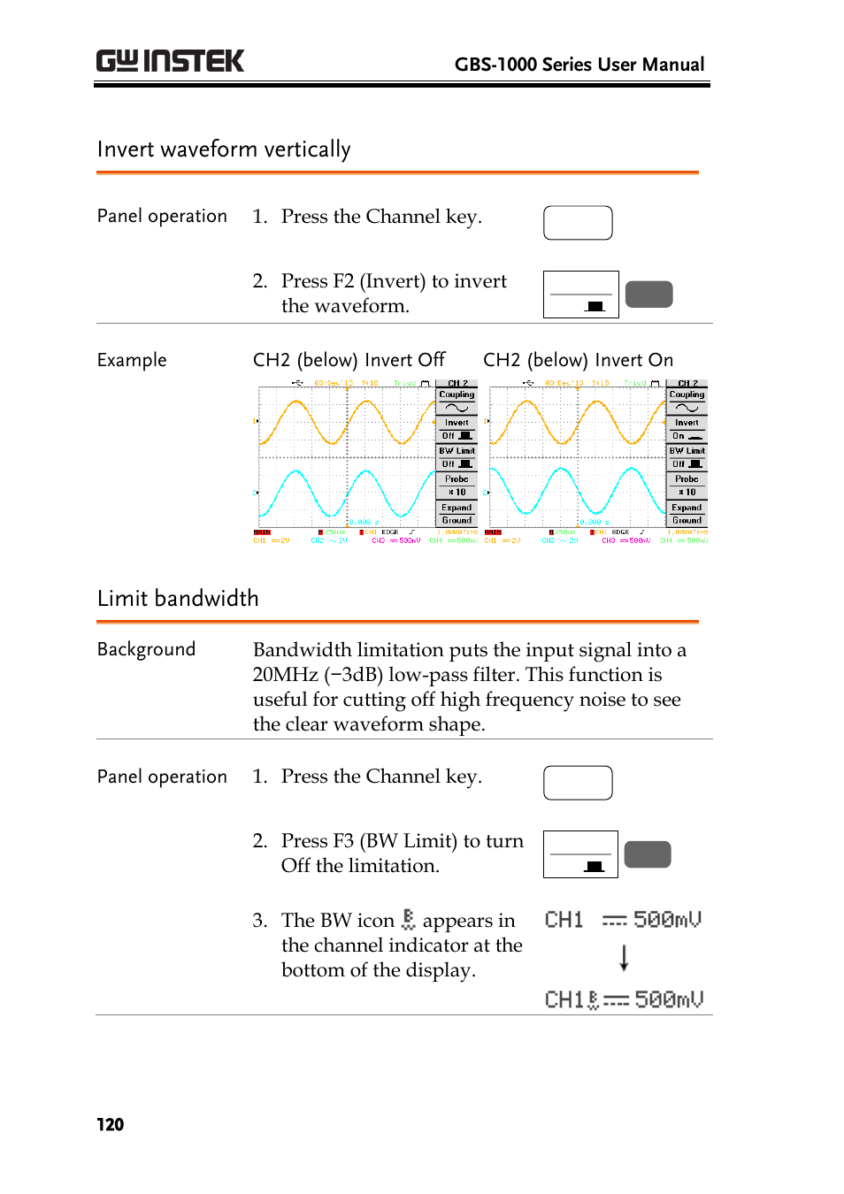 Invert waveform vertically, Limit bandwidth, Invert waveform vertically limit bandwidth | GW Instek GBS-1000 Series User Manual User Manual | Page 120 / 187