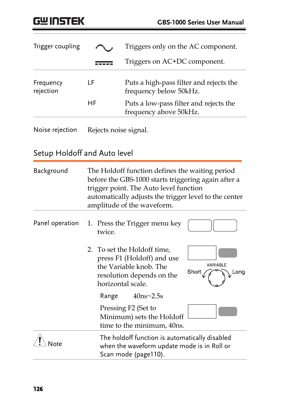 Setup holdoff and auto level | GW Instek GBS-1000 Series User Manual User Manual | Page 126 / 187