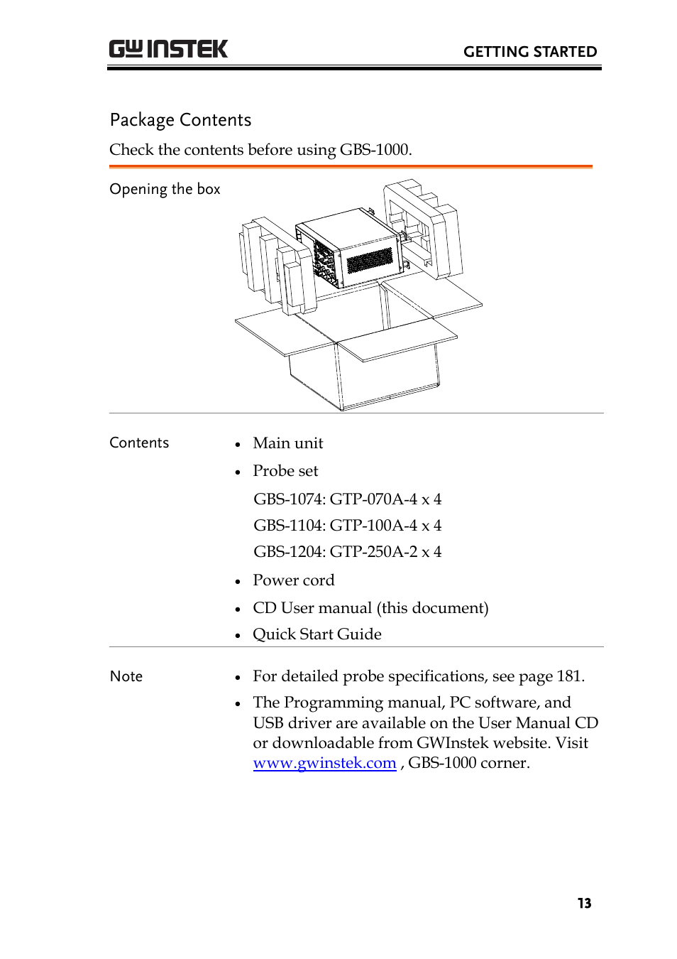 Package contents | GW Instek GBS-1000 Series User Manual User Manual | Page 13 / 187