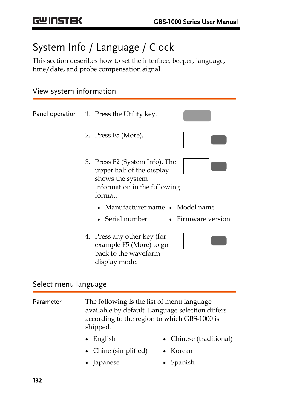 System info / language / clock, View system information, Select menu language | Ge132), View system information select menu language | GW Instek GBS-1000 Series User Manual User Manual | Page 132 / 187