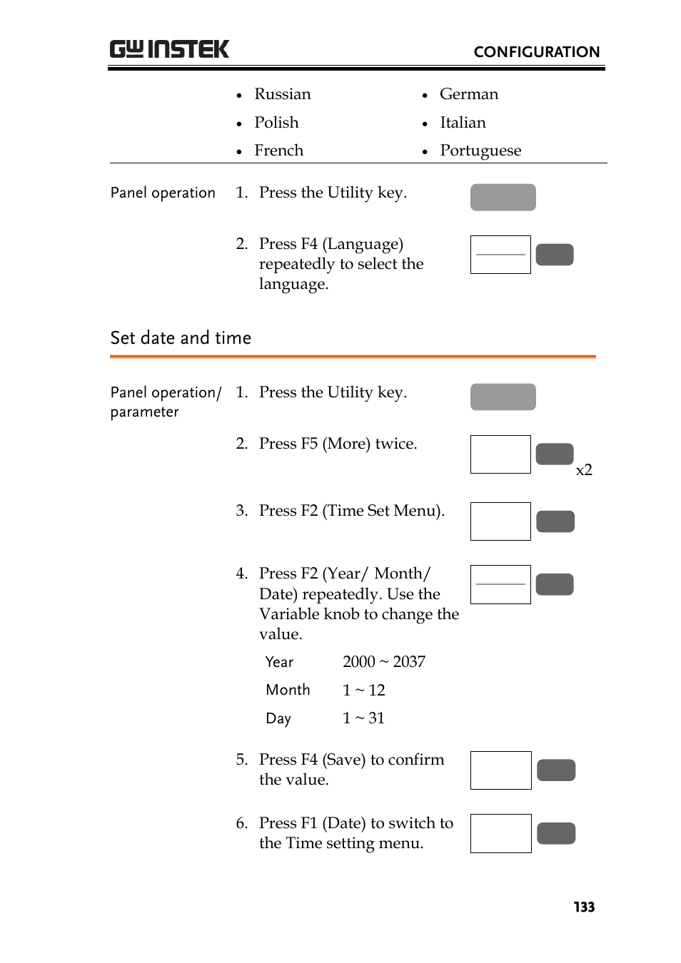 Set date and time, Ge133), m | GW Instek GBS-1000 Series User Manual User Manual | Page 133 / 187