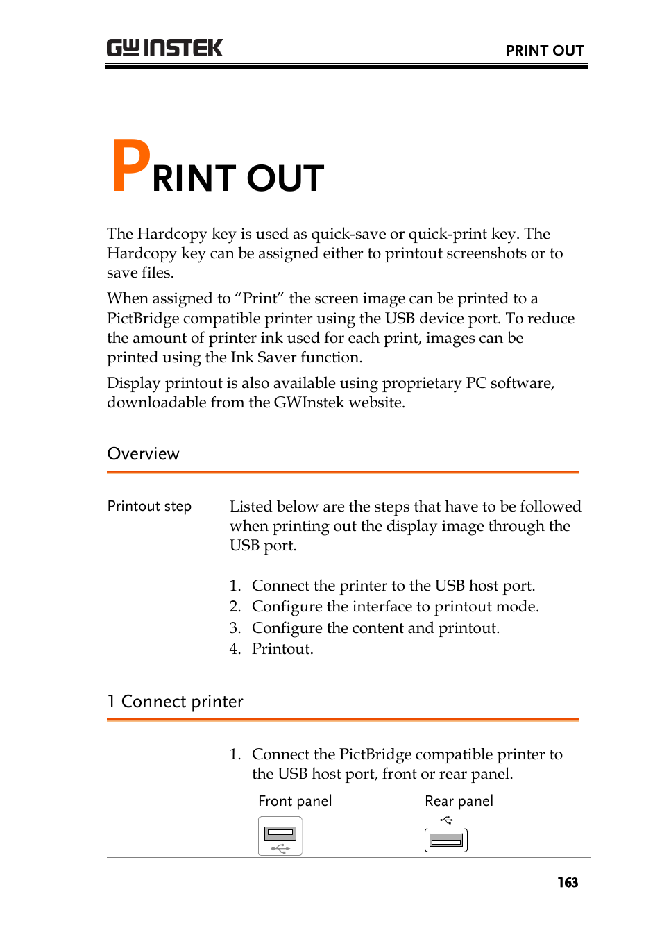 Print out, Overview, 1 connect printer | Ge163), E163), Age163), Rint out | GW Instek GBS-1000 Series User Manual User Manual | Page 163 / 187