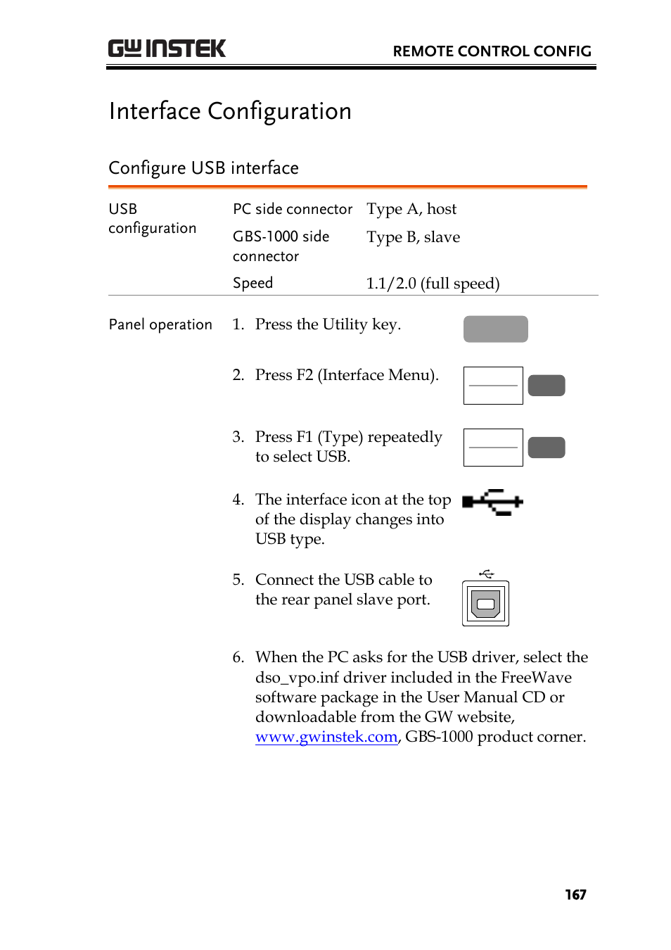 Interface configuration, Configure usb interface, E167) | GW Instek GBS-1000 Series User Manual User Manual | Page 167 / 187