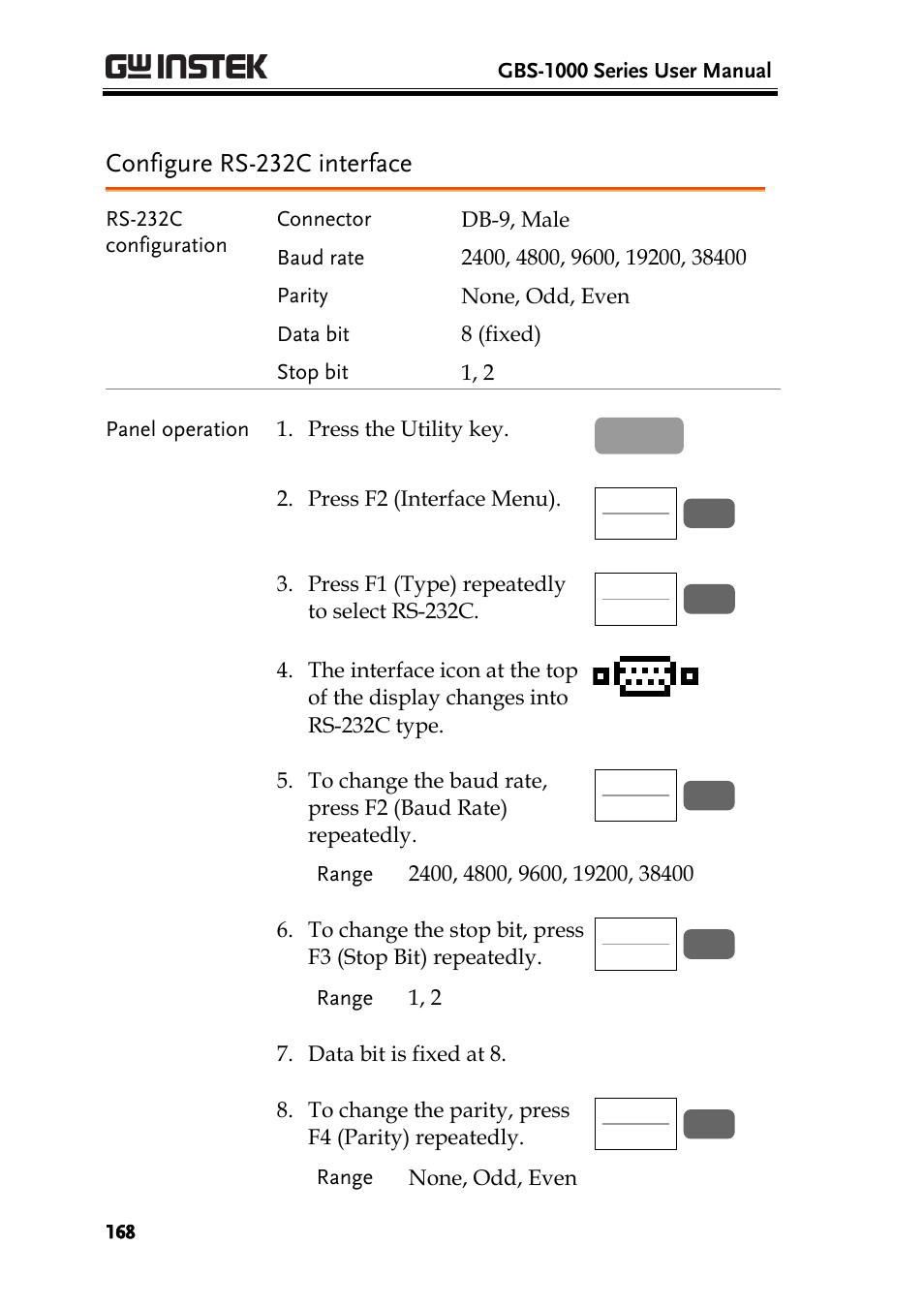 Configure rs-232c interface, E168) | GW Instek GBS-1000 Series User Manual User Manual | Page 168 / 187