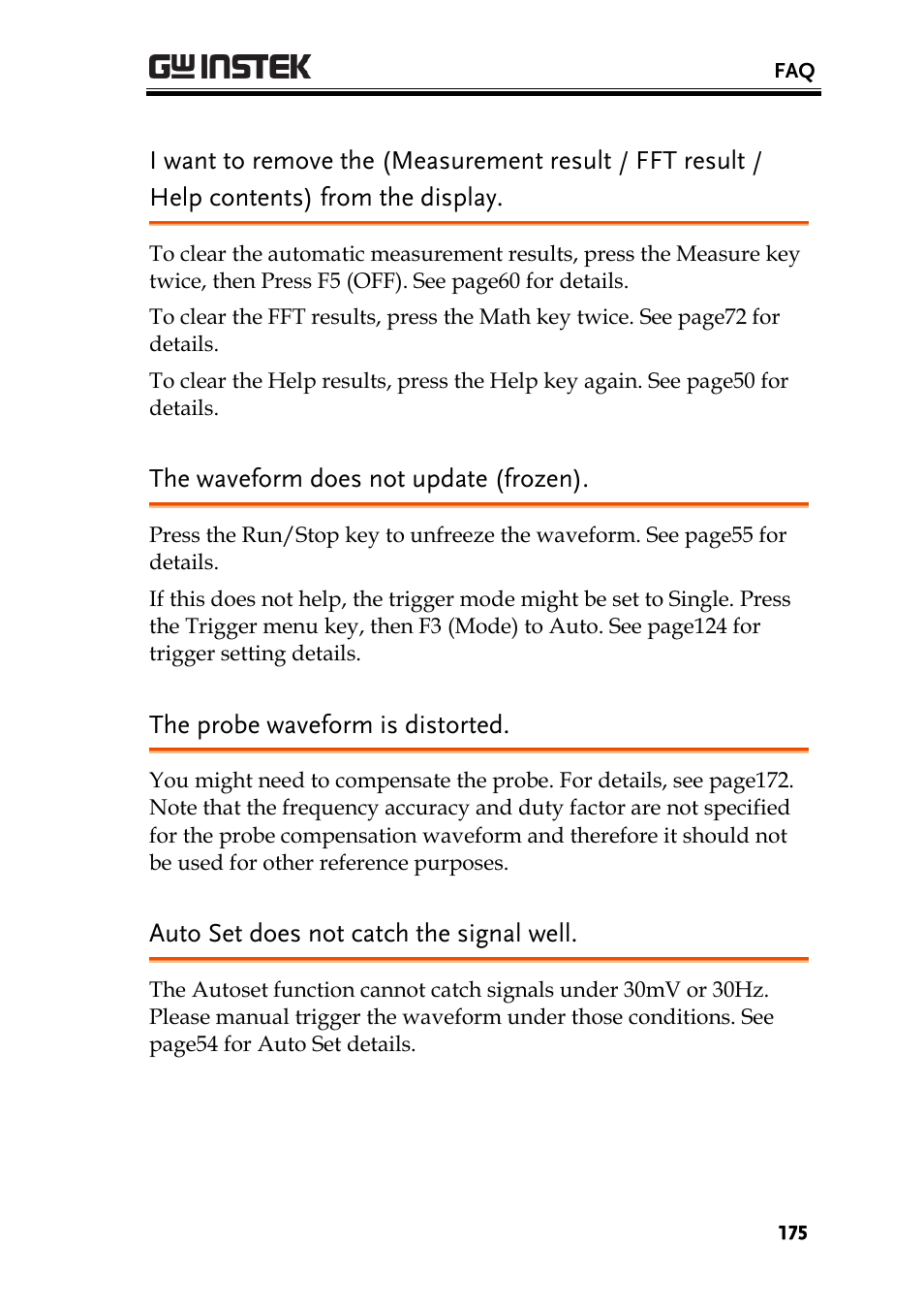 The waveform does not update (frozen), The probe waveform is distorted, Auto set does not catch the signal well | GW Instek GBS-1000 Series User Manual User Manual | Page 175 / 187