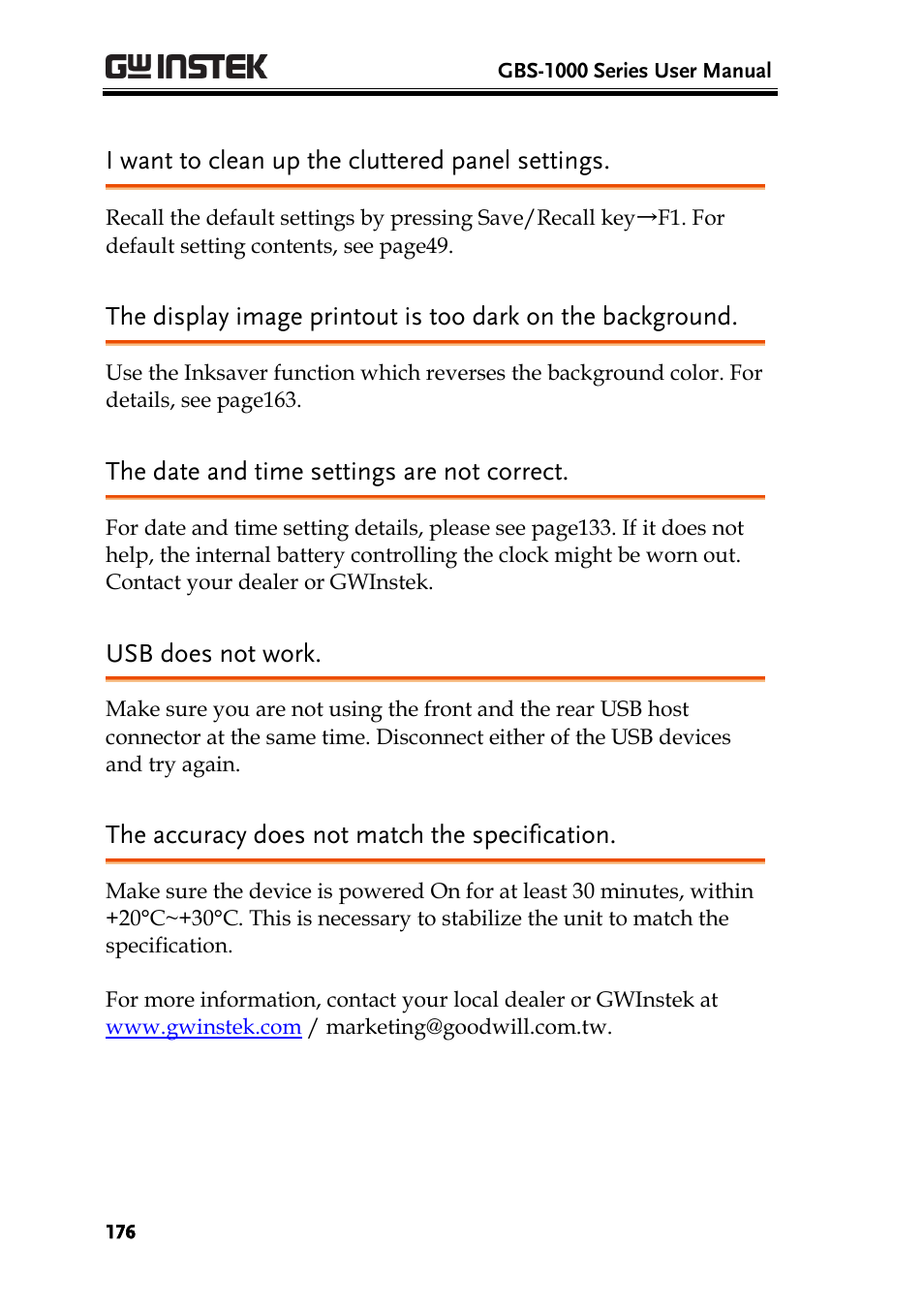 I want to clean up the cluttered panel settings, The date and time settings are not correct, Usb does not work | The accuracy does not match the specification | GW Instek GBS-1000 Series User Manual User Manual | Page 176 / 187