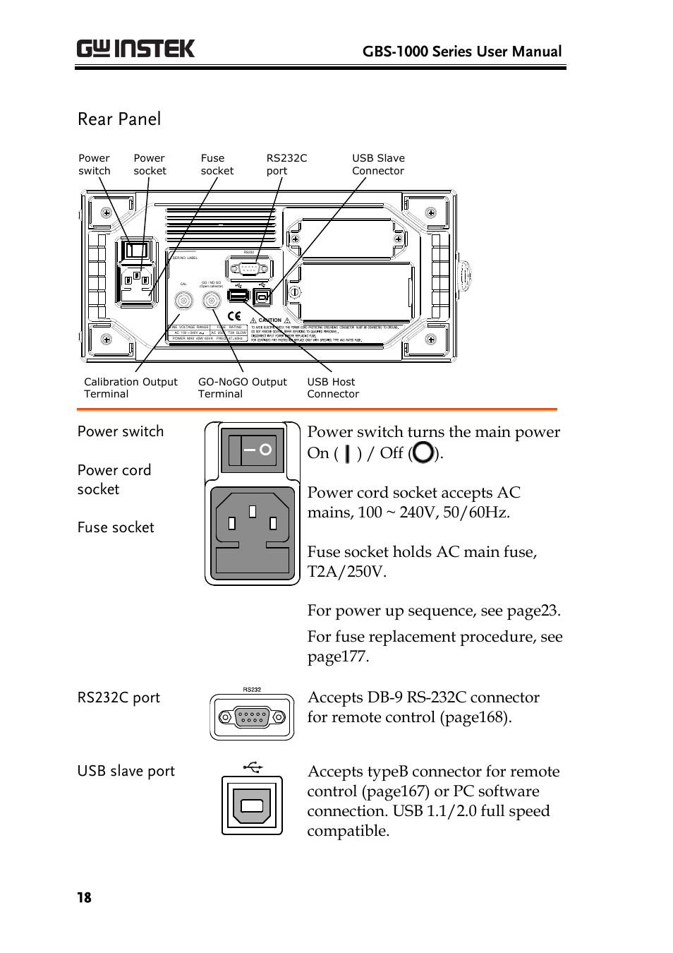 Rear panel, Gbs-1000 series user manual | GW Instek GBS-1000 Series User Manual User Manual | Page 18 / 187