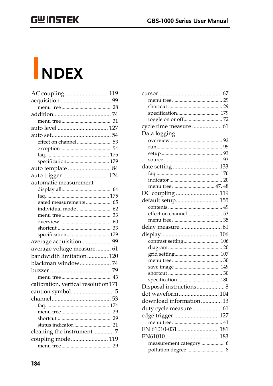 Index, Ndex | GW Instek GBS-1000 Series User Manual User Manual | Page 184 / 187