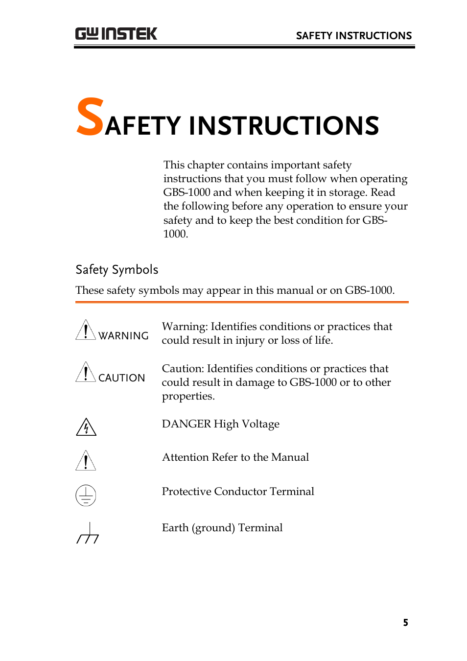 Safety instructions, Safety symbols, Afety instructions | GW Instek GBS-1000 Series User Manual User Manual | Page 5 / 187