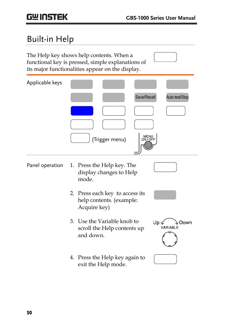Built-in help, E50) | GW Instek GBS-1000 Series User Manual User Manual | Page 50 / 187