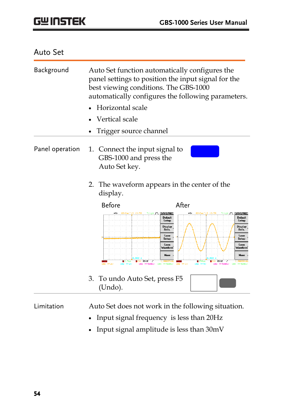 Auto set, Ge54) | GW Instek GBS-1000 Series User Manual User Manual | Page 54 / 187