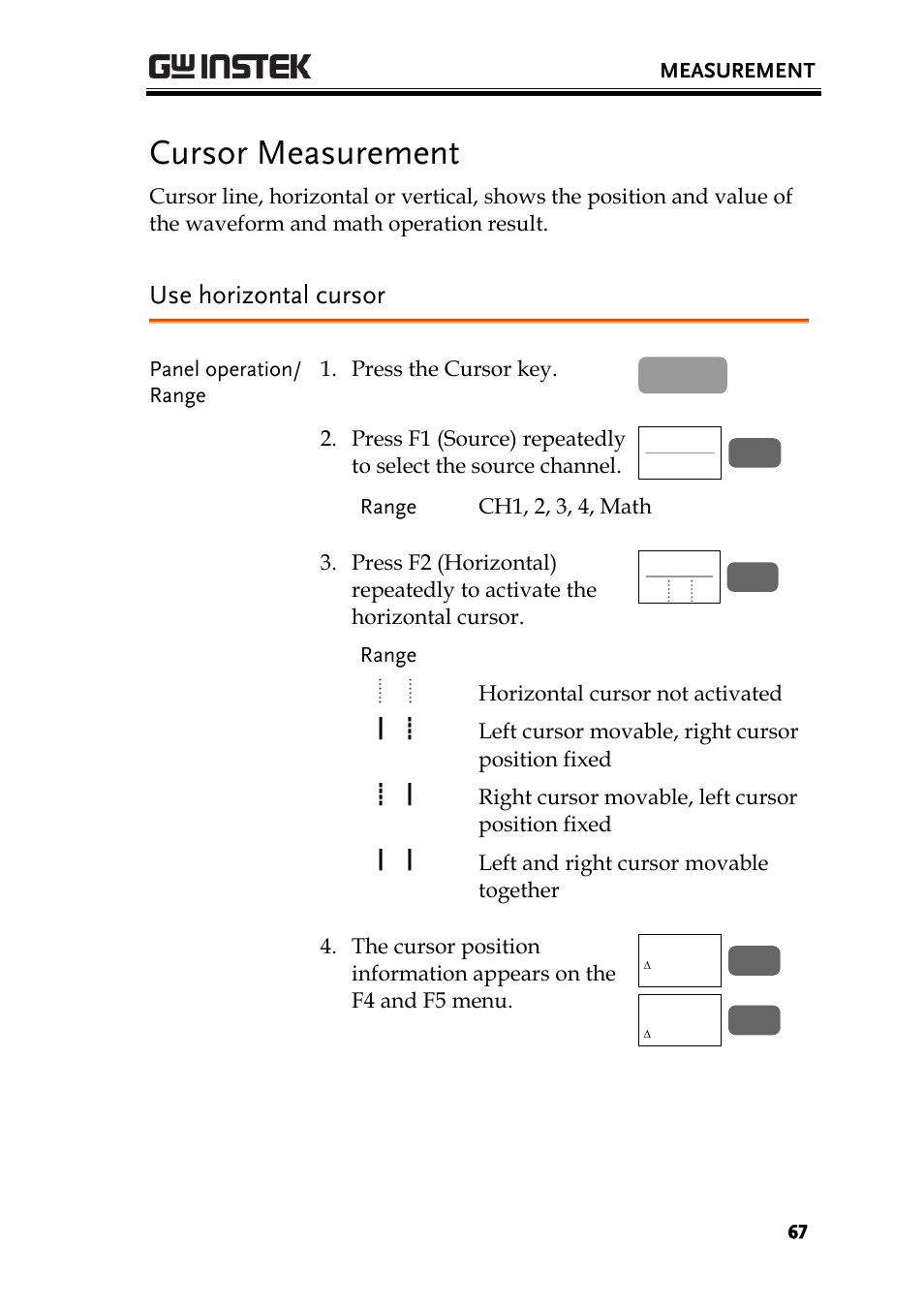 Cursor measurement, Use horizontal cursor, E67) | GW Instek GBS-1000 Series User Manual User Manual | Page 67 / 187