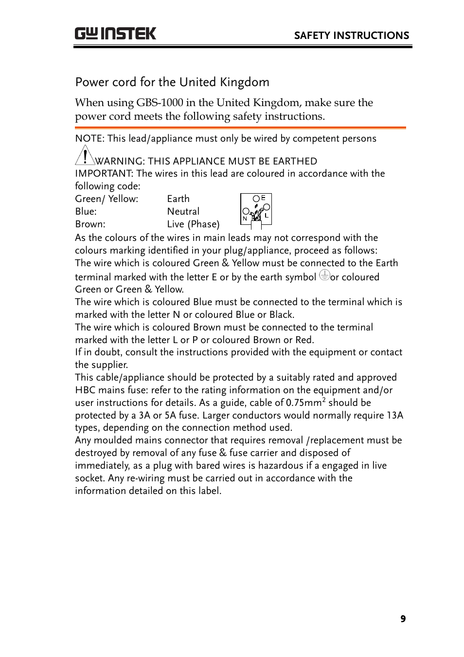 Power cord for the united kingdom | GW Instek GBS-1000 Series User Manual User Manual | Page 9 / 187