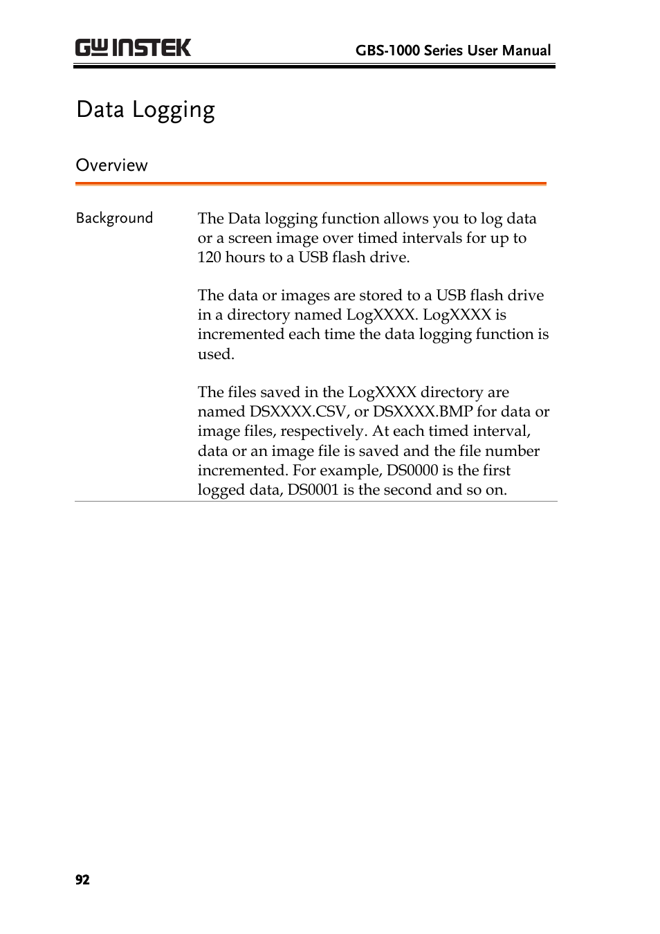 Data logging, Overview, Ge92) | GW Instek GBS-1000 Series User Manual User Manual | Page 92 / 187