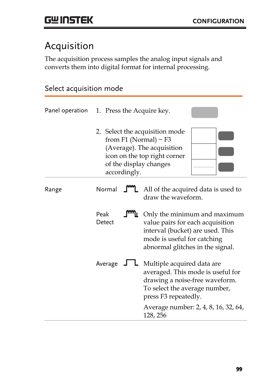 Acquisition, Select acquisition mode, Ge99) | GW Instek GBS-1000 Series User Manual User Manual | Page 99 / 187