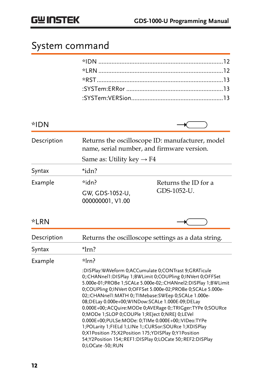 System command | GW Instek GDS-1000-U Series Programming Manual User Manual | Page 12 / 70