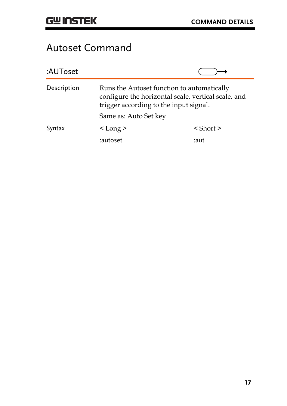 Autoset command, Autoset | GW Instek GDS-1000-U Series Programming Manual User Manual | Page 17 / 70