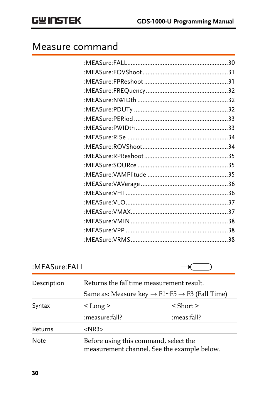 Measure command, Measure:fall | GW Instek GDS-1000-U Series Programming Manual User Manual | Page 30 / 70