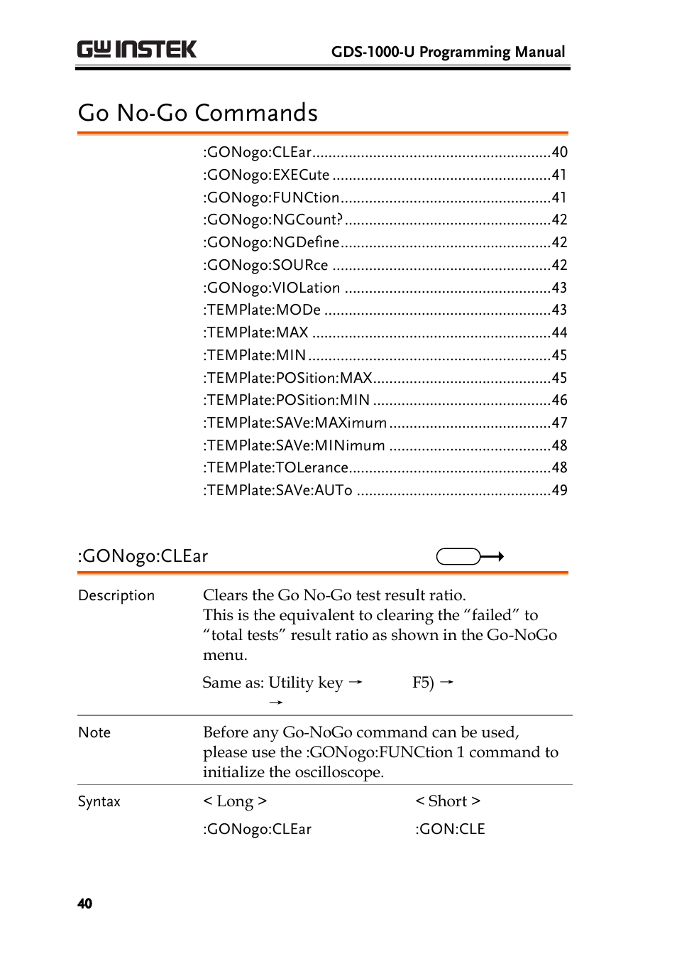 Go no-go commands, Gonogo:clear | GW Instek GDS-1000-U Series Programming Manual User Manual | Page 40 / 70