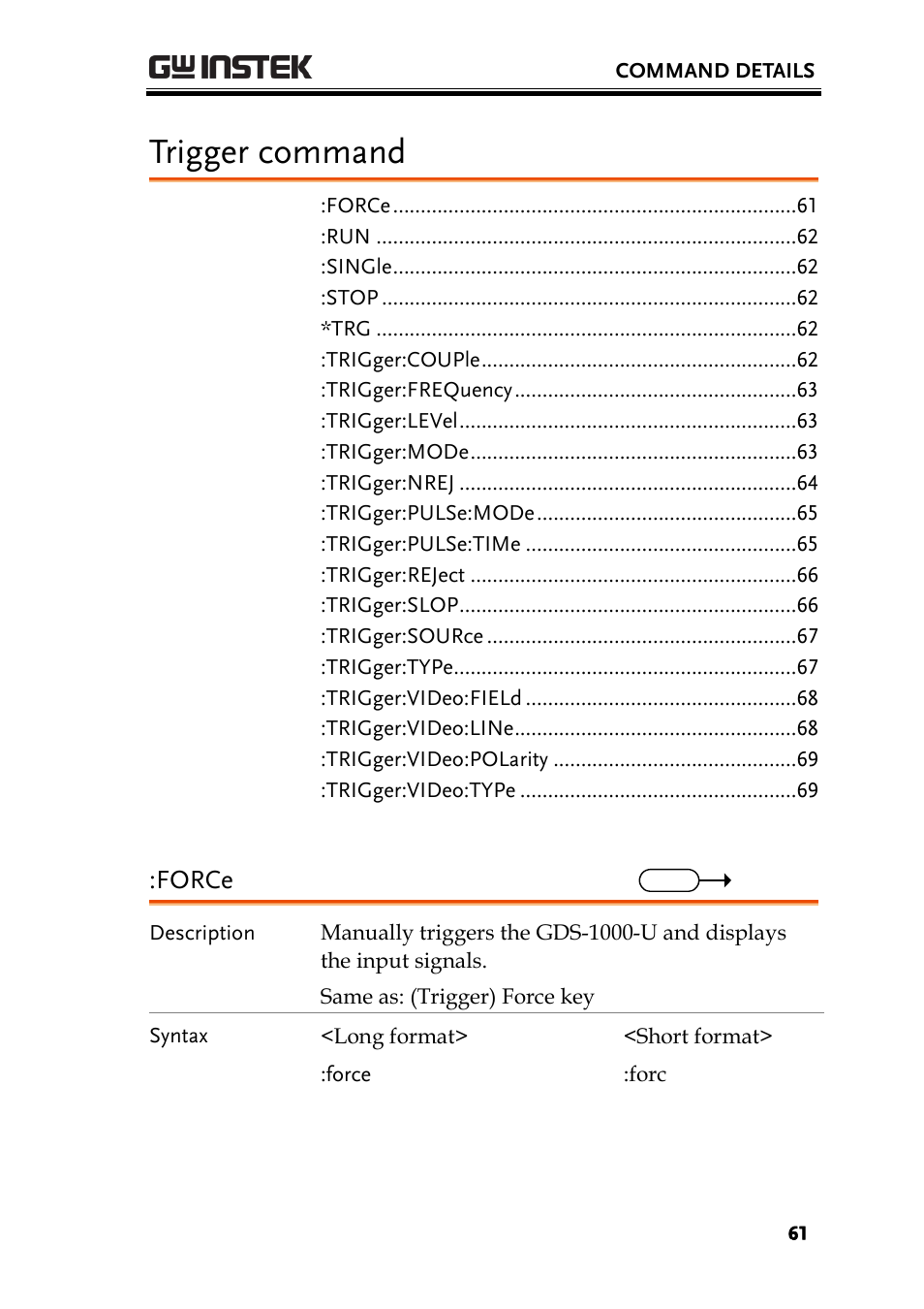 Trigger command | GW Instek GDS-1000-U Series Programming Manual User Manual | Page 61 / 70