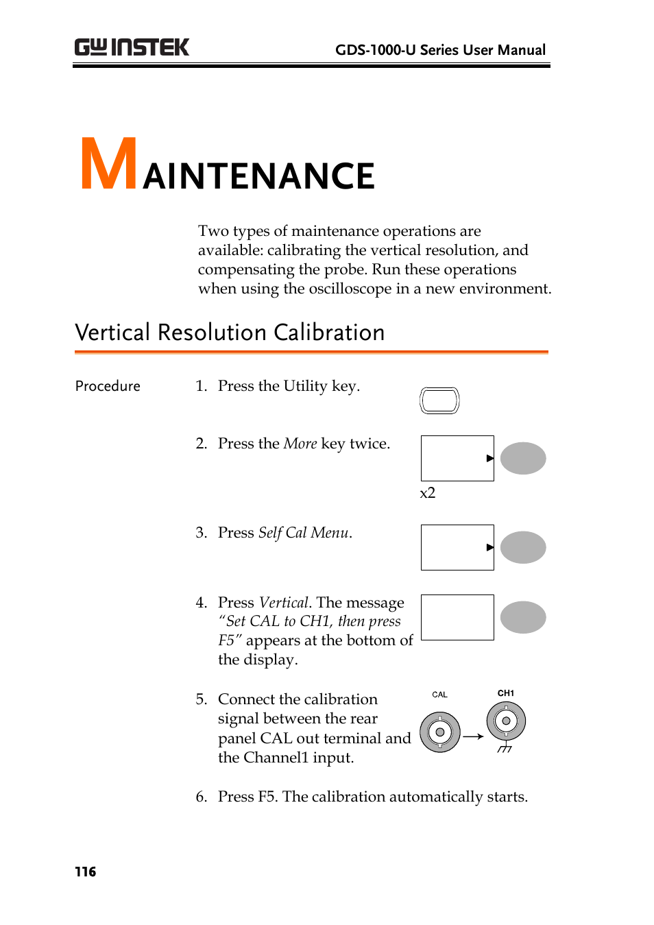 Maintenance, Vertical resolution calibration, E 116) | Aintenance | GW Instek GDS-1000-U Series User Manual User Manual | Page 116 / 133
