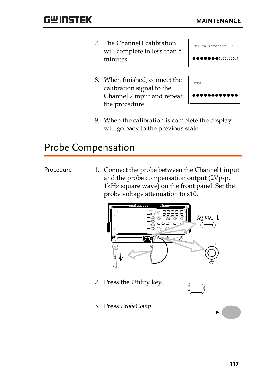 Probe compensation, Maintenance, Press the utility key | Press probecomp, Menu | GW Instek GDS-1000-U Series User Manual User Manual | Page 117 / 133