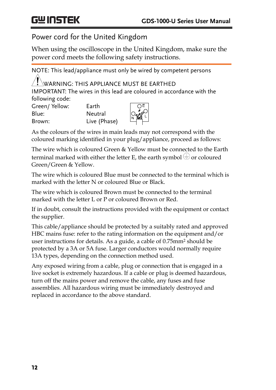 Power cord for the united kingdom, Warning: this appliance must be earthed | GW Instek GDS-1000-U Series User Manual User Manual | Page 12 / 133