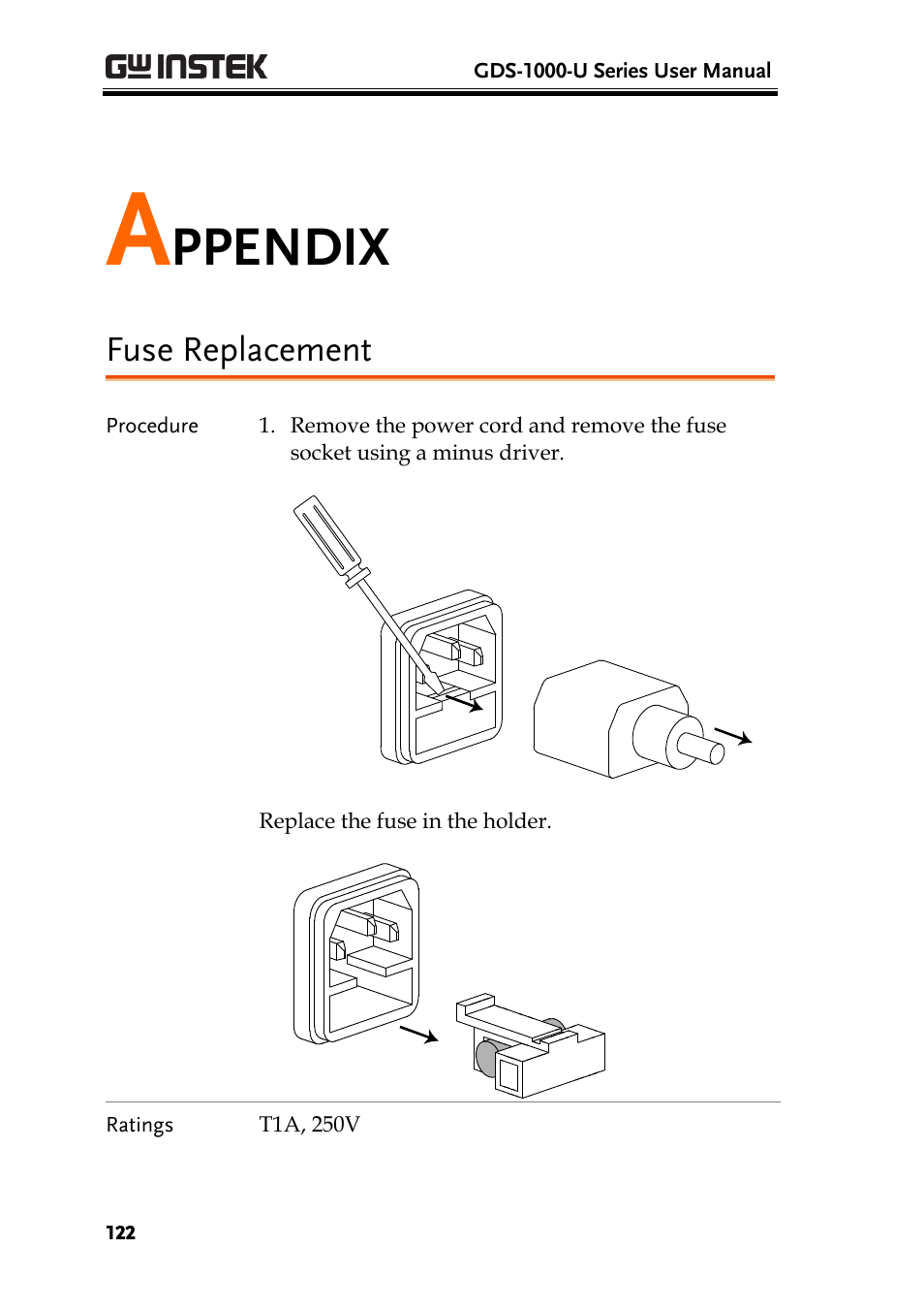 Appendix, Fuse replacement, Ppendix | GW Instek GDS-1000-U Series User Manual User Manual | Page 122 / 133