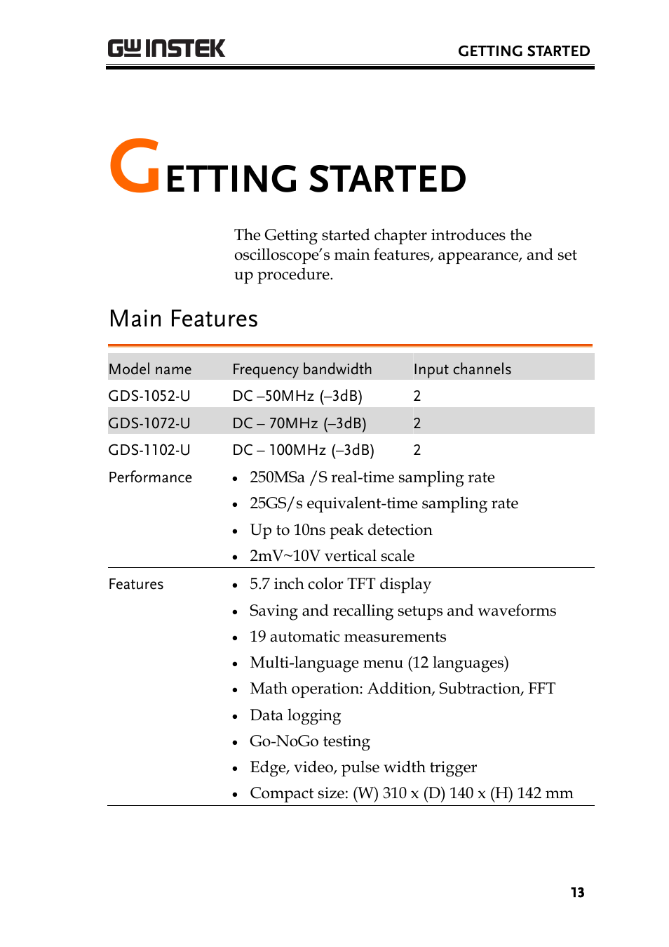 Getting started, Main features, Etting started | GW Instek GDS-1000-U Series User Manual User Manual | Page 13 / 133