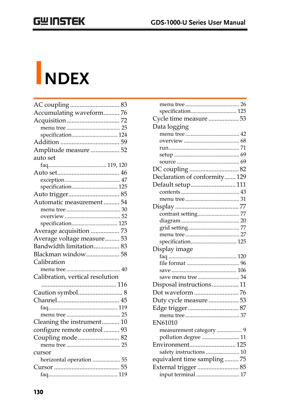 Index, Ndex | GW Instek GDS-1000-U Series User Manual User Manual | Page 130 / 133