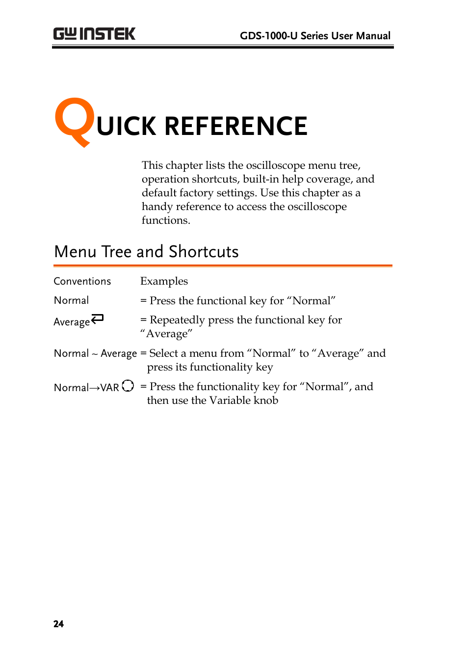 Quick reference, Menu tree and shortcuts, Uick reference | GW Instek GDS-1000-U Series User Manual User Manual | Page 24 / 133