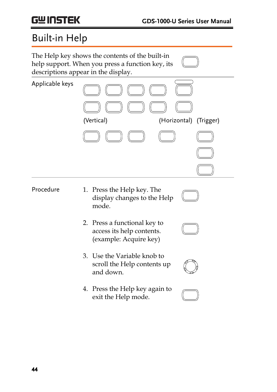 Built-in help, E 44) | GW Instek GDS-1000-U Series User Manual User Manual | Page 44 / 133