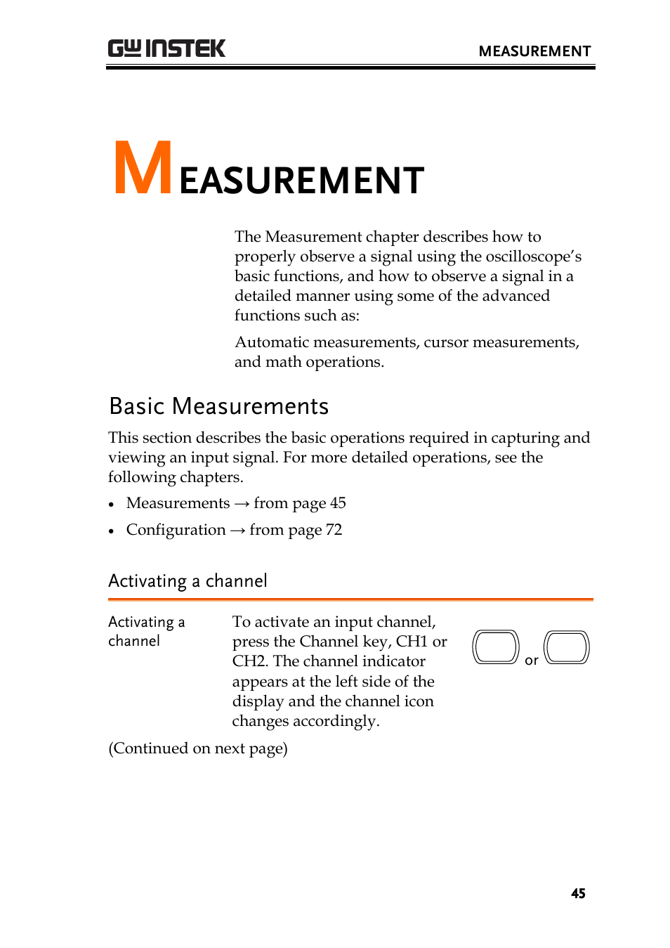 Measurement, Basic measurements, Activating a channel | Easurement | GW Instek GDS-1000-U Series User Manual User Manual | Page 45 / 133