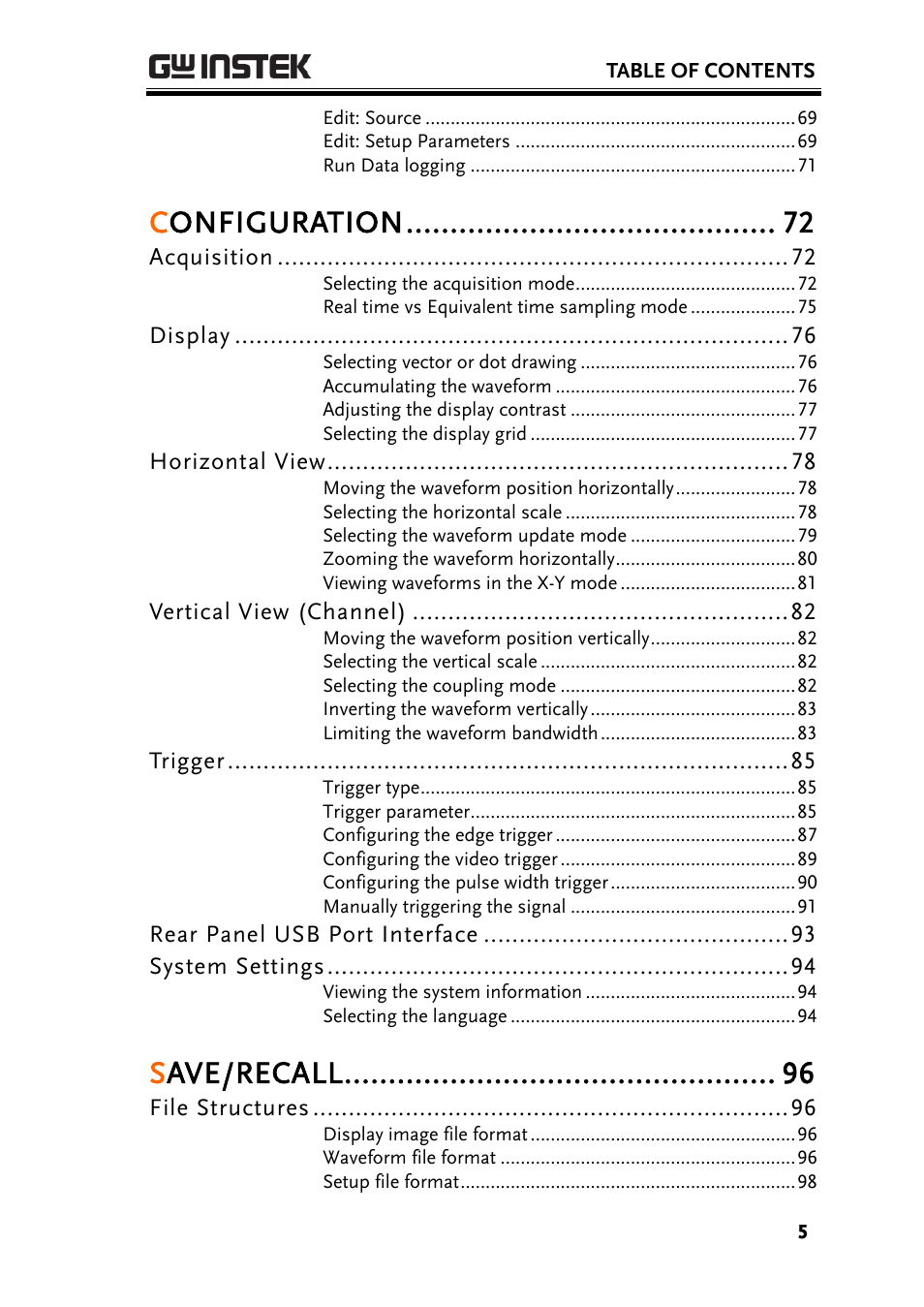 Configuration, Save/recall | GW Instek GDS-1000-U Series User Manual User Manual | Page 5 / 133