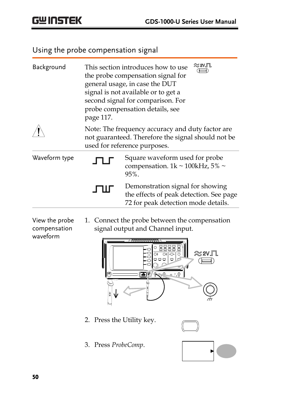 Using the probe compensation signal, Gds-1000-u series user manual, Press the utility key | Press probecomp, Menu | GW Instek GDS-1000-U Series User Manual User Manual | Page 50 / 133