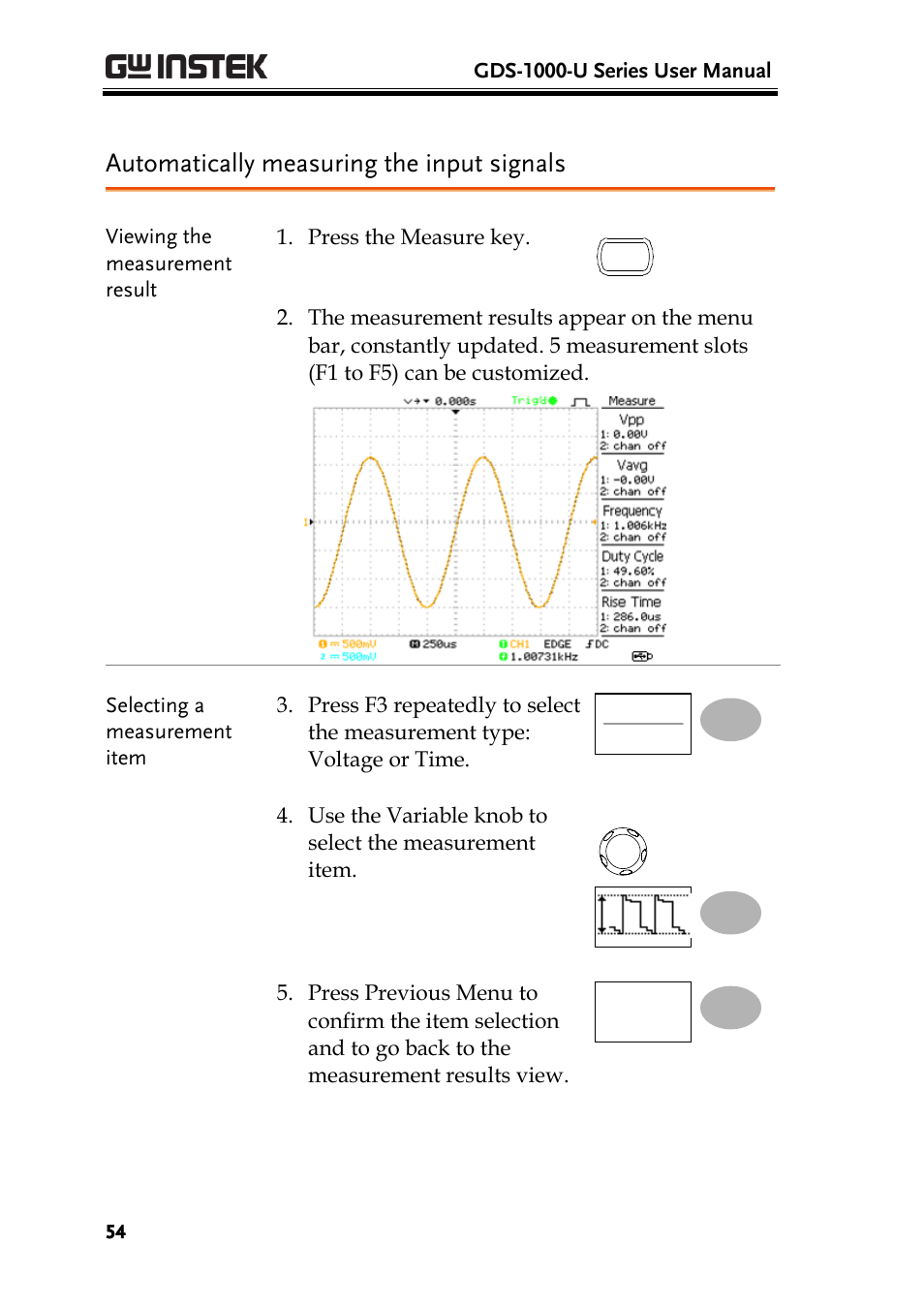 Automatically measuring the input signals | GW Instek GDS-1000-U Series User Manual User Manual | Page 54 / 133