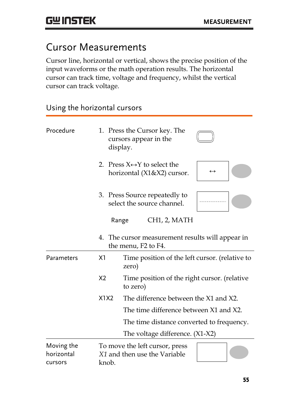 Cursor measurements, Using the horizontal cursors | GW Instek GDS-1000-U Series User Manual User Manual | Page 55 / 133