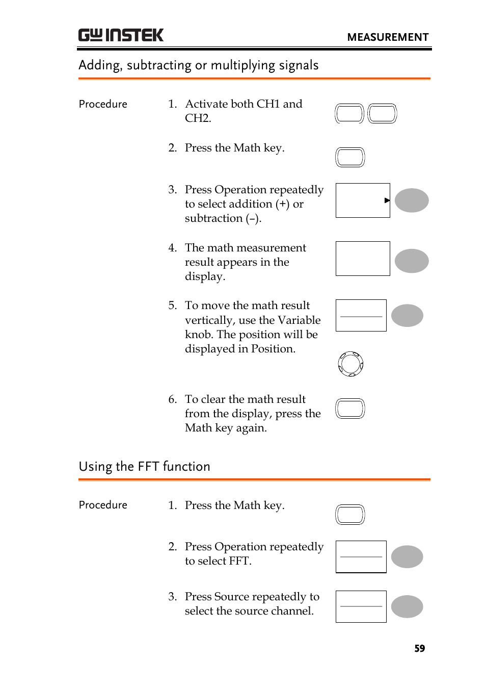 Adding, subtracting or multiplying signals, Using the fft function | GW Instek GDS-1000-U Series User Manual User Manual | Page 59 / 133