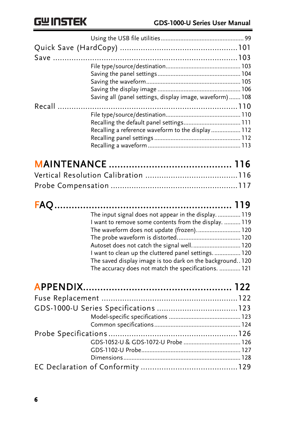 Maintenance, Appendix | GW Instek GDS-1000-U Series User Manual User Manual | Page 6 / 133