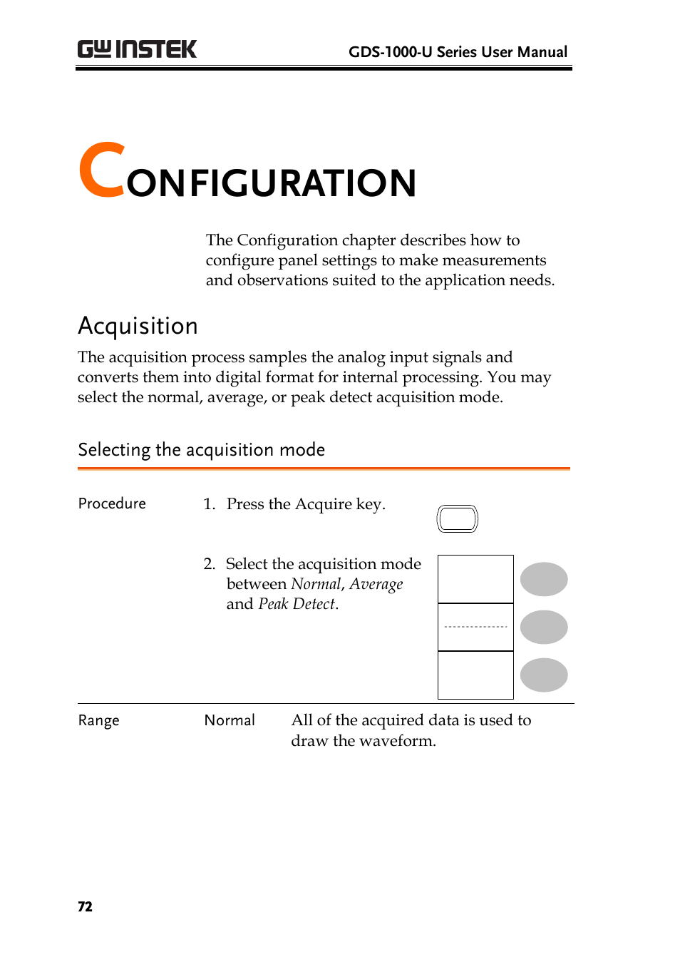 Configuration, Acquisition, Selecting the acquisition mode | Onfiguration | GW Instek GDS-1000-U Series User Manual User Manual | Page 72 / 133