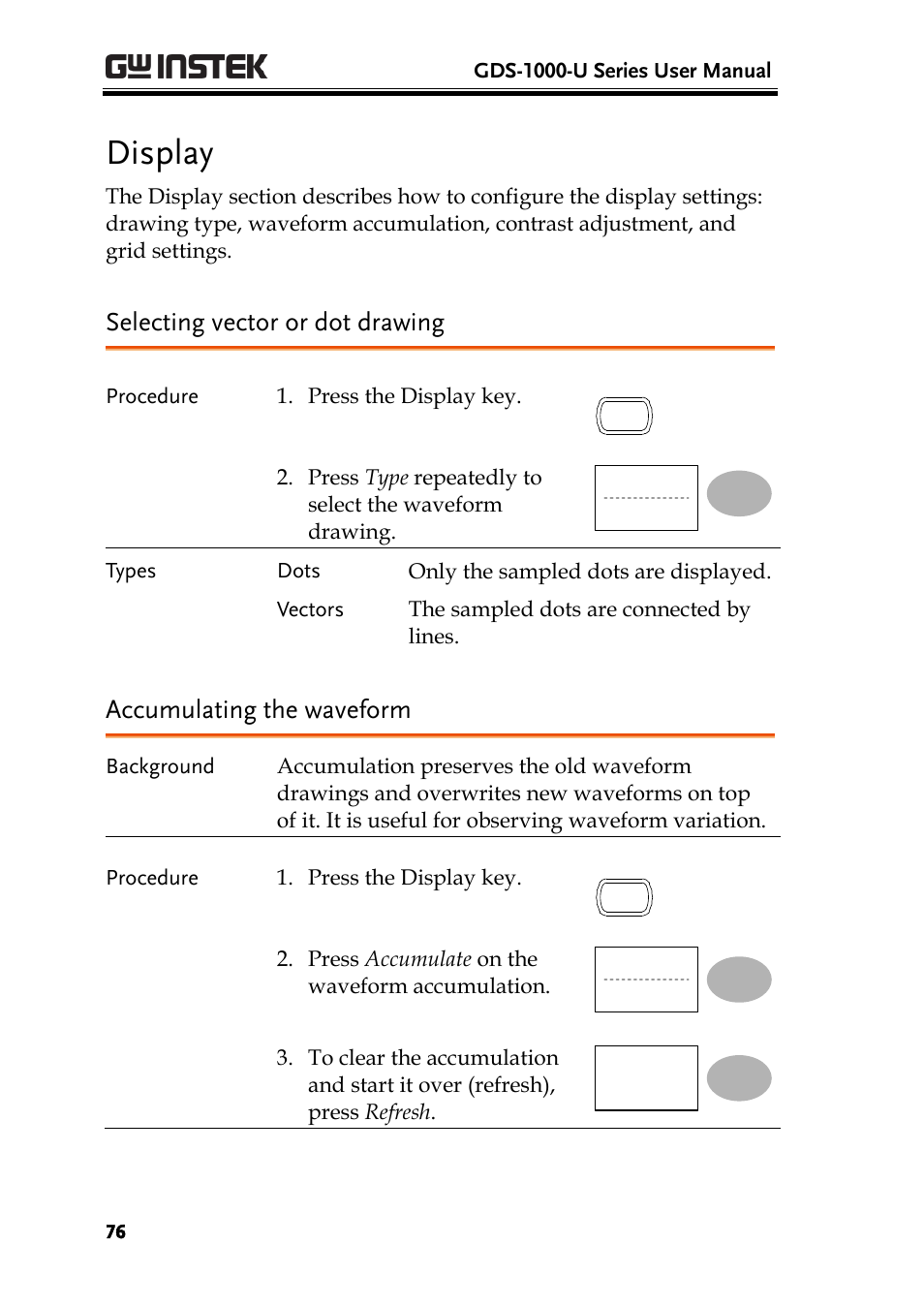 Display, Selecting vector or dot drawing, Accumulating the waveform | GW Instek GDS-1000-U Series User Manual User Manual | Page 76 / 133