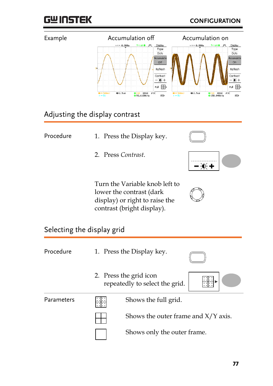 Adjusting the display contrast, Selecting the display grid | GW Instek GDS-1000-U Series User Manual User Manual | Page 77 / 133