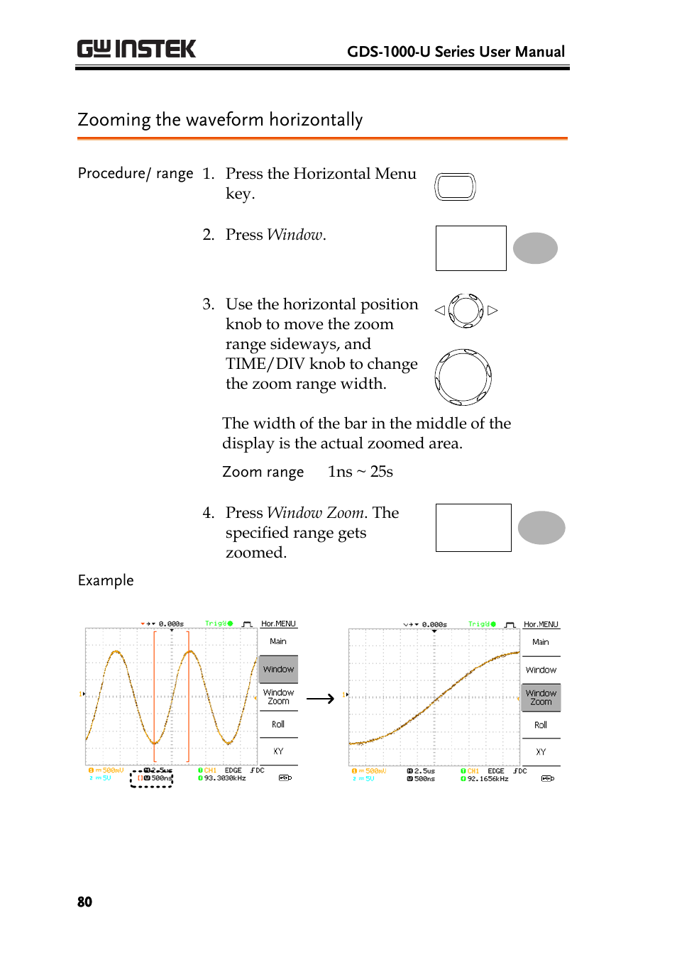 Zooming the waveform horizontally | GW Instek GDS-1000-U Series User Manual User Manual | Page 80 / 133