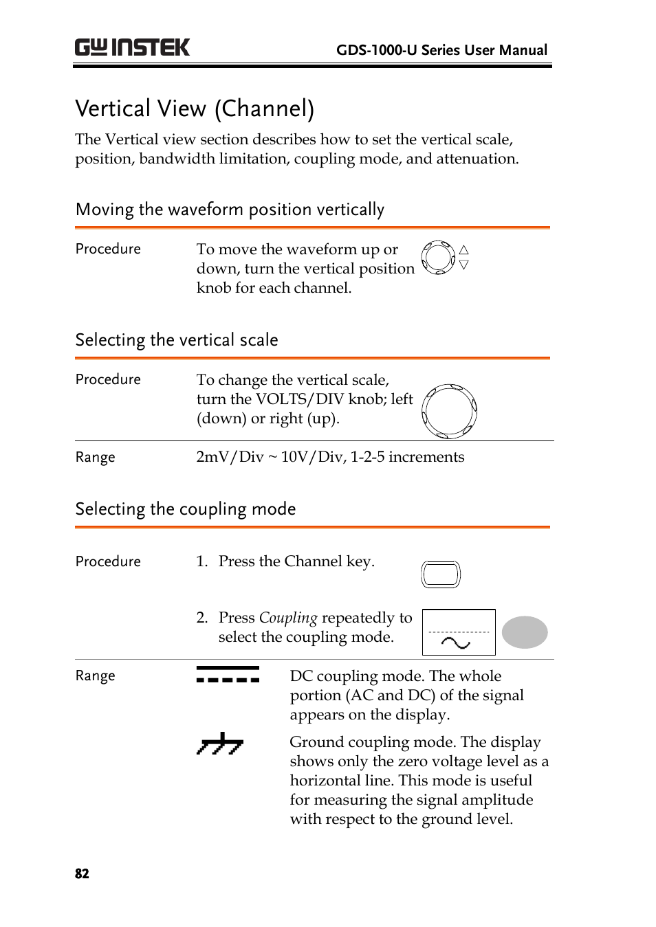 Vertical view (channel), Moving the waveform position vertically, Selecting the vertical scale | Selecting the coupling mode, E 82) | GW Instek GDS-1000-U Series User Manual User Manual | Page 82 / 133