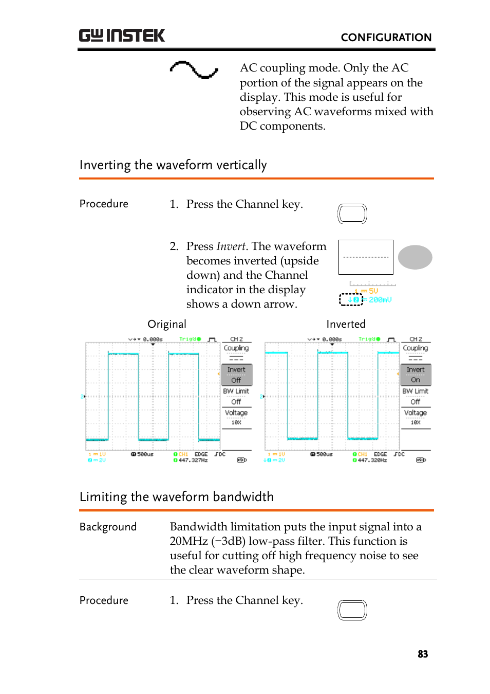 Inverting the waveform vertically, Limiting the waveform bandwidth | GW Instek GDS-1000-U Series User Manual User Manual | Page 83 / 133