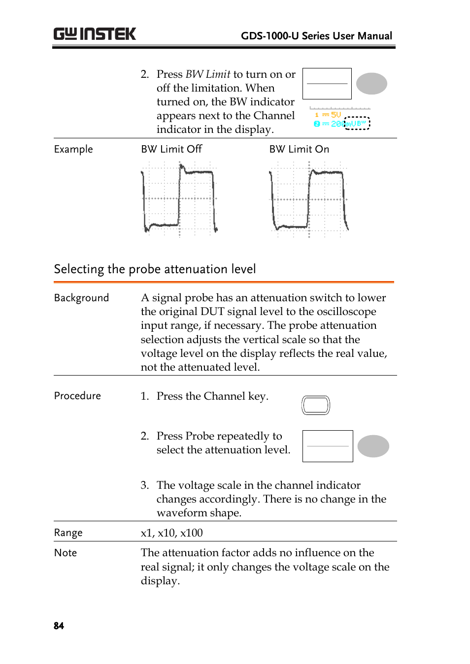 Selecting the probe attenuation level | GW Instek GDS-1000-U Series User Manual User Manual | Page 84 / 133