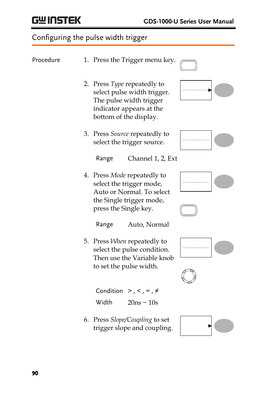 Configuring the pulse width trigger | GW Instek GDS-1000-U Series User Manual User Manual | Page 90 / 133